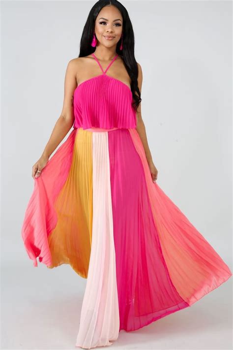 Hot Pink Color Block Pleated Halter Casual Maxi Dress Maxi Dresses Casual Long Dress Outfits