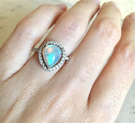 Halo Large Opal Diamond Engagement Ring Teardrop Genuine Opal