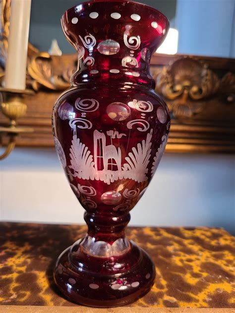 Vintage Bohemian Egermann Ruby Red Cut To Clear Etched Glass Etsy