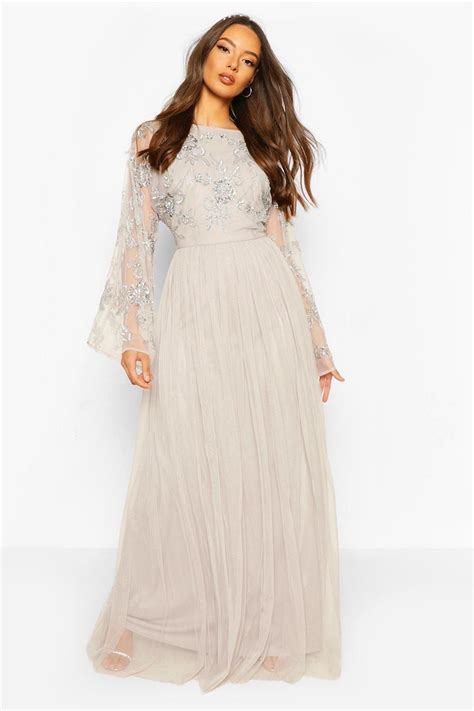 Womens Bridesmaid Hand Embellished Long Sleeve Maxi Dress Grey 8