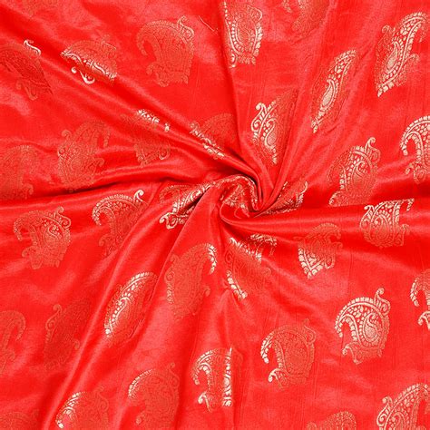 Buy Red And Golden Paisley Design Two Tone Pure Banarasi Silk Fabric 8436
