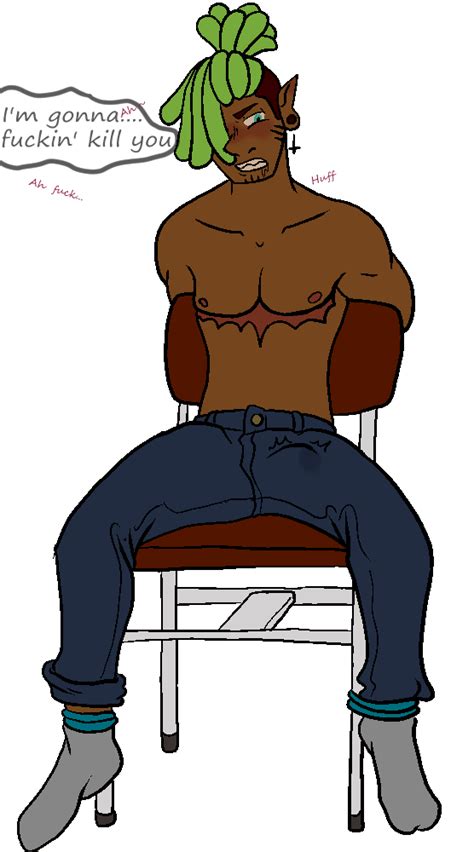 Rule 34 Bodily Fluids Bondage Bound Chair Clothed Clothing Dark Skinned Male Erection