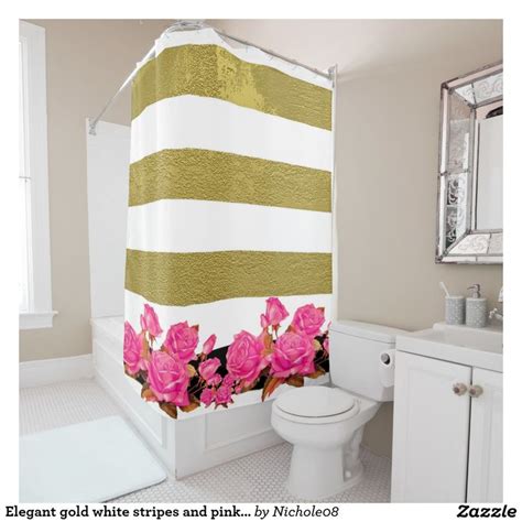 Elegant Gold White Stripes And Pink Roses Shower Curtain Elegant