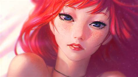 375x667 Resolution Red Haired Female Anime Character Ilya Kuvshinov Redhead Freckles Blue