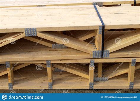 Assembled Beams Construction Site Wood Framework Lumber Stack Stock