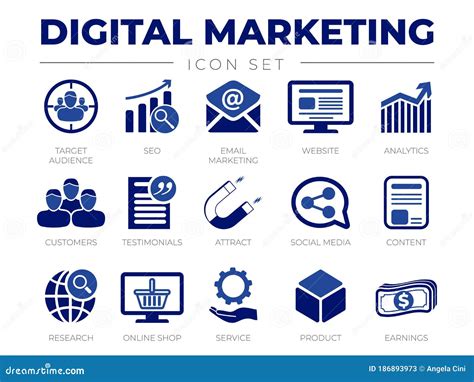 Blue Digital Marketing Icon Set Target Audience Seo Email Marketing