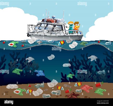 Water Pollution Poster With Trash In The Ocean Illustration Stock