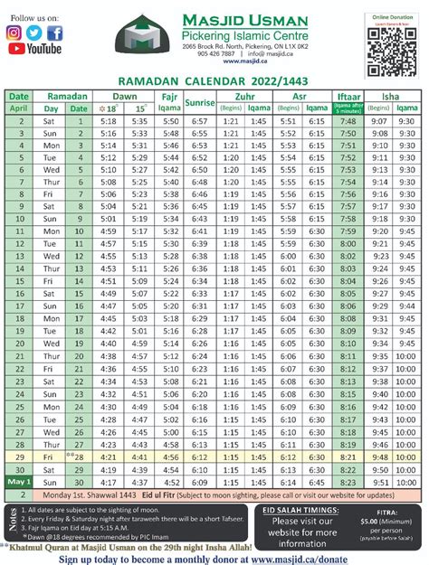 Ramadan Calendar 20221443 Pickering Islamic Centre