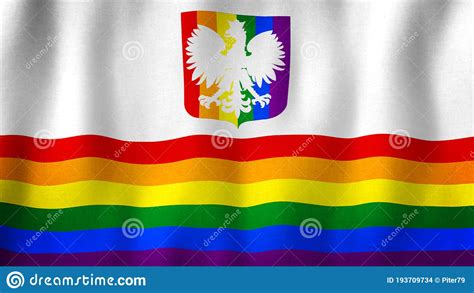 Lgbt Gay Pride Rainbow Flag Of Poland With Coat Of Arms Waving In The