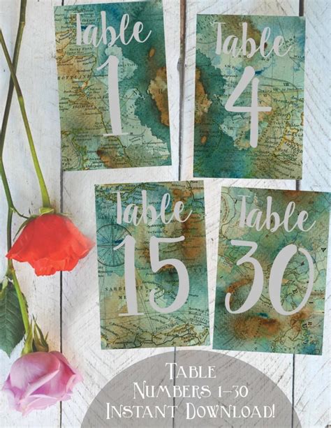 Table Numbers 1 30 Printable Vintage Map Travel Themed Weddings Or