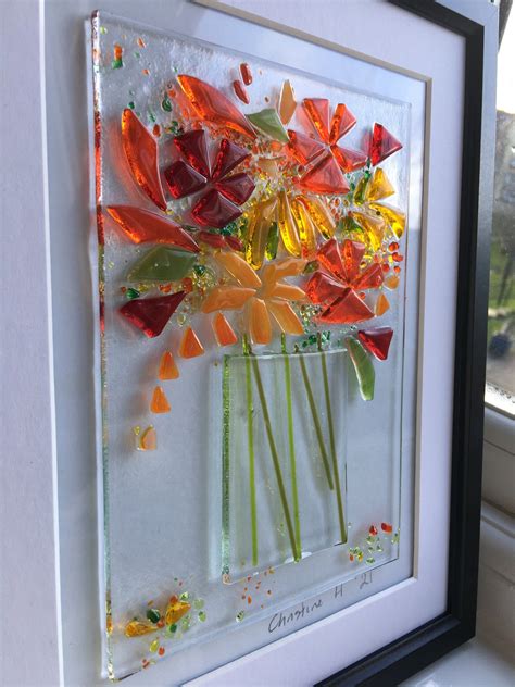 Orange And Red Large Fused Glass Art Vase Of Flowers Scene Etsy Uk Fused Glass Art Fused