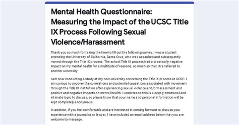 Mental Health Questionnaire Measuring The Impact Of The Ucsc Title Ix