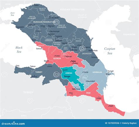 The Caucasus Gray Political Map Region Between Black And Caspian Sea