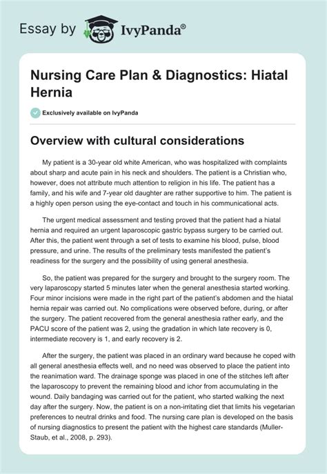 Nursing Care Plan Diagnostics Hiatal Hernia 1992 Words Case