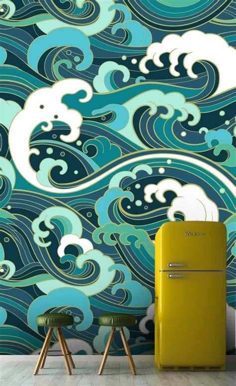 Abstract Foam Tipped Stormy Waves Coastal Inspired Man Cave Wallpaper