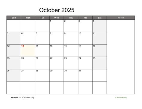 October 2025 Calendar With Notes