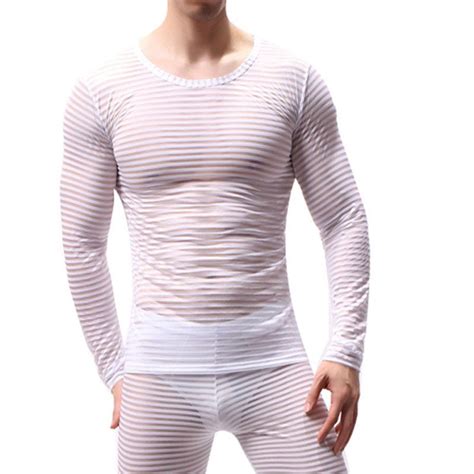 Sexy Mesh T Shirt Mens Transparent Undershirt New Long Sleeve See
