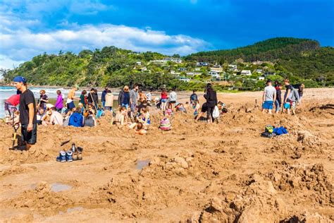 Coromandel New Zealand October 13 2018 Tourists Dig Holes In The Volcanic Sand On The Hot