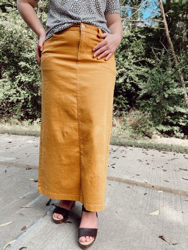 colored denim maxi length skirt mustard the klassy girl boutique