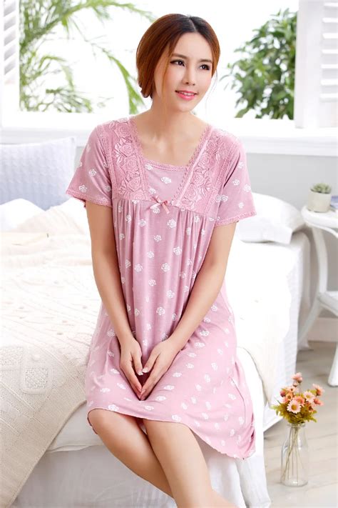Cotton Nightgowns Women Short Sleeve Lace Home Dress Nightwear Cute Floral Print Sleepwear Night