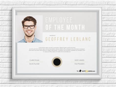 The free employee certificate template has a gold patterned background and features employees holding a gold trophy. Employee of The Month Certificate Template by Hertzel on ...