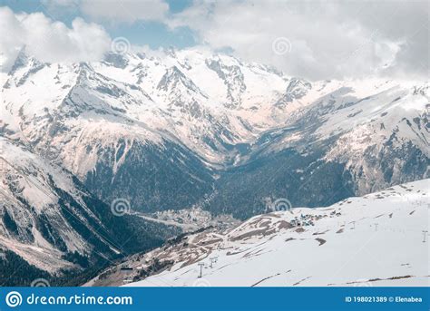 Mountain Valley With Snow Peaks North Caucasus Mountain Landscape