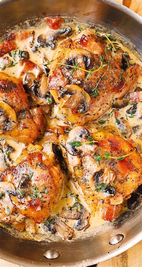 Marinated baked chicken is the perfect pairing with pita bread and fresh veggies for an easy weeknight meal your whole family will love. Chicken Thighs with Creamy Bacon Mushroom Thyme Sauce | Chicken thights recipes, Chicken recipes ...