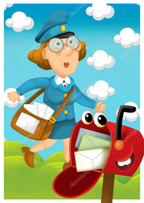 Post Woman Delivering Mail Cartoon Style Illustration — Stock Photo
