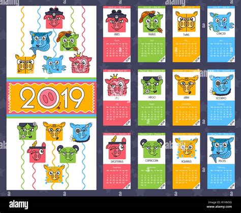 Funny Animal Stylized Monthly 2019 Calendar With Pigs The Year Of The