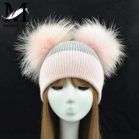New Winter Warm Knit Hat Women Double Real Fur Pom Pom Hats Natural Fur Ball Beanie Caps Two Fur
