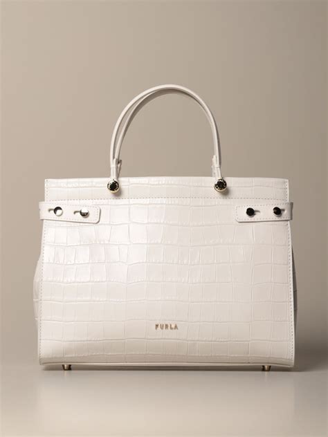 Furla Outlet Lady Bag In Crocodile Print Leather Yellow Cream Tote