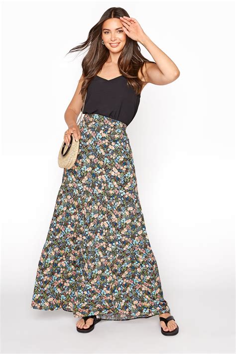 Lts Black Floral Tiered Maxi Skirt Long Tall Sally