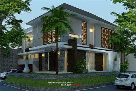 Desain rumah dengan garasi dan carport. Desain Rumah Pojok Semy Basement_Modern Tropis 2 lantai