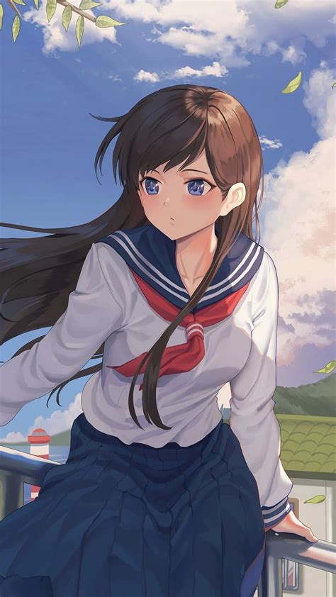 Clouds Brown Hair Pretty Anime School Girl School Uniform