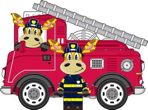 Premium Vector Cute Cartoon Giraffe Fireman And Fire Engine Emergency Services Illustration