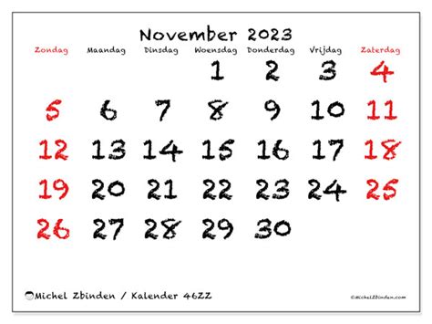 Kalender November 2023 Om Af Te Drukken “46zz” Michel Zbinden Nl