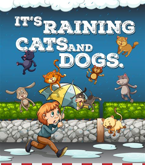 When it is raining cats and dogs, it is raining very heavily. Idiom poster with raining cats and dogs 448718 Vector Art ...