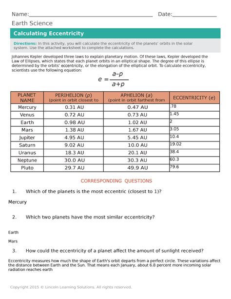 Solar System Planetary Orbits Lo5 Worksheet Name Date Earth Science