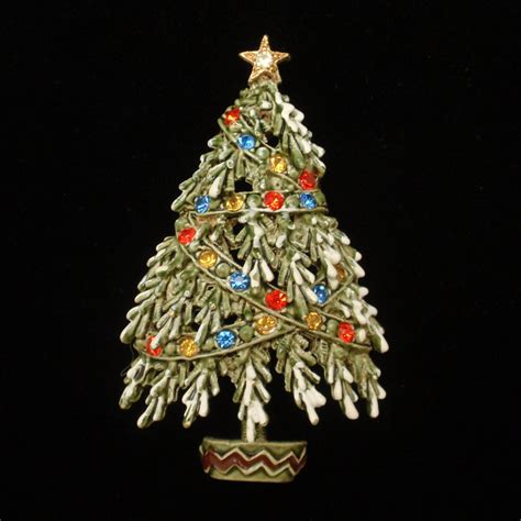 Christmas Tree Brooch Pin Vintage Art Rhinestones Enamel World Of
