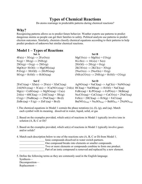 Types Of Chemical Reactions Pogil Answers Types Of Chemical Reactions