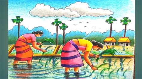 How To Draw Scenery Of Rice Plantationstep By Step Drawing Youtube