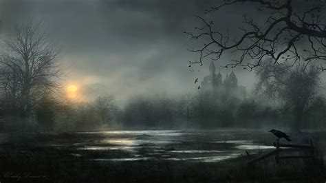 Dark Digital Art Castle Mist Lake Crow Swamp Horror Raven