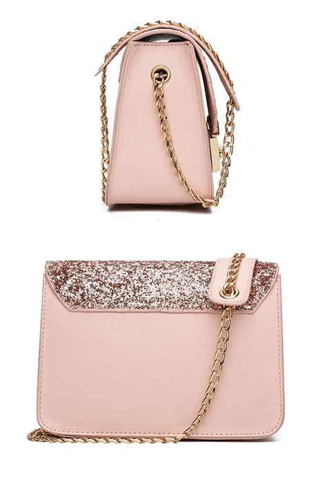 Cute Pink Sequin Chain Crossbody Bag Gold Details Crossbody Bags