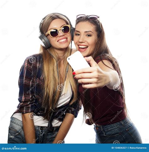 Tehnology Emotie En Mensenconcept Gelukkige Beste Meisjes Die Selfie