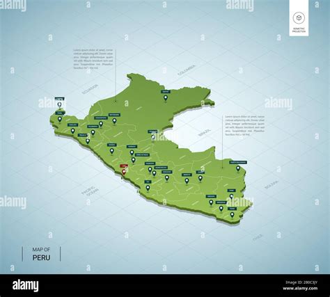 Stylized Map Of Peru Isometric 3d Green Map With Cities Borders