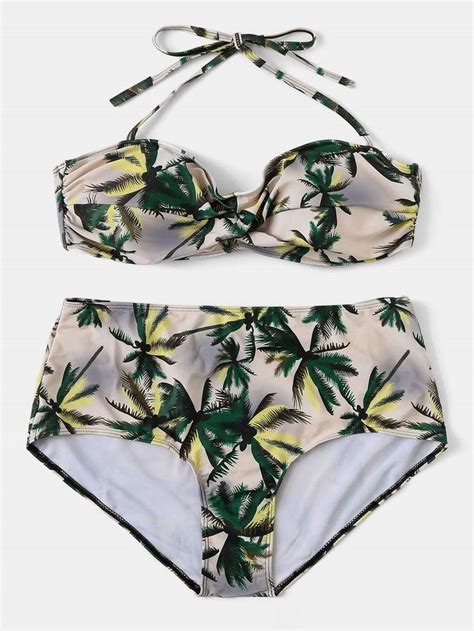 Plus Size Tropical Ruched Halter Top Two Piece Bikini High Waisted