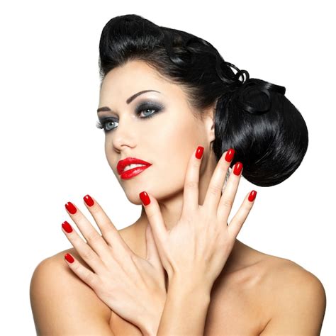 Free Photo Beautiful Fashion Woman With Red Lips Nails And Creative