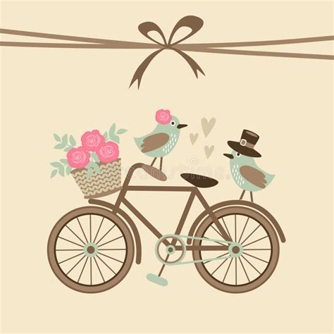 cute retro wedding or birthday card invitation with bicycle birds