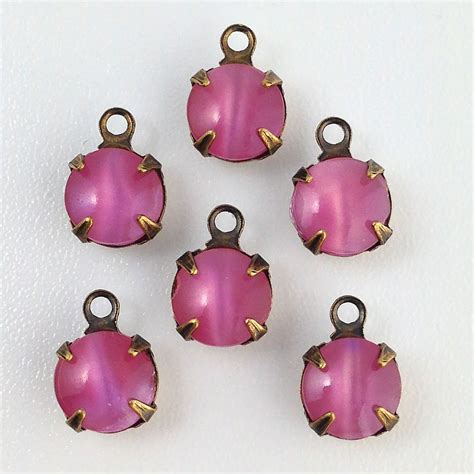 Vintage Pink Moonglow Glass Stone 1 Loop Brass Ox Setting Drops 7mm 6