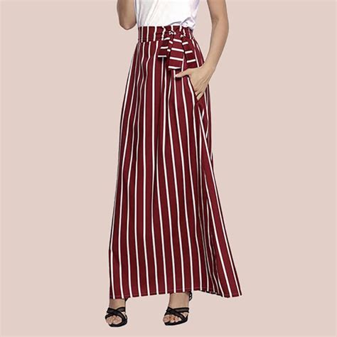 fashion summer pencil skirts womens casual striped ankle length chiffon empire lace up vintage